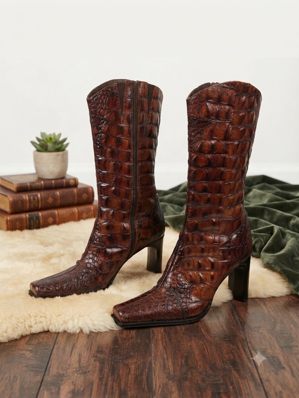 Vtg✨️ Donald J. Pliner Croc-Embossed Italian Leather Mid-Calf Boots – Size 9.5